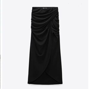Black Ruched Wrap Midi Skirt